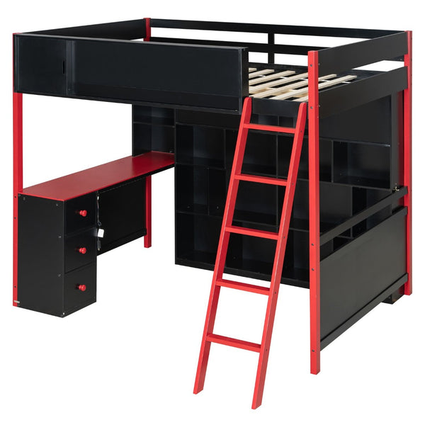 English Elm Full Size Gaming Loft Bed with Led Lighting Desk Drawers and Display Shelving Red LT000263AAJ