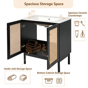 English Elm 30-inch bathroom vanity with handwoven rattan doors, ceramic sink, soft-close hinges, black bamboo elegance N729P285517B