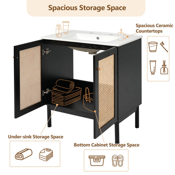 English Elm 30-inch bathroom vanity with handwoven rattan doors, ceramic sink, soft-close hinges, black bamboo elegance N729P285517B