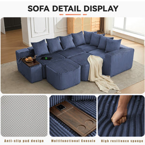 English Elm [new U-shaped Corduroy Sectional with Usb Charging Console and Movable Modules Blue W2108S00177