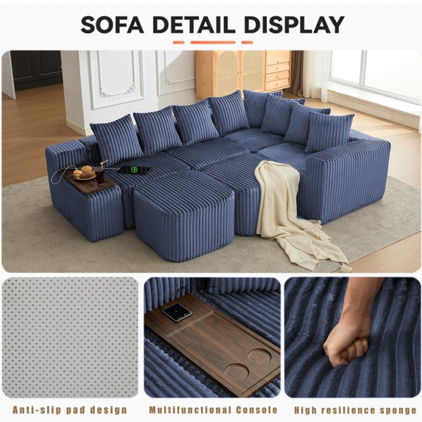 English Elm [new U-shaped Corduroy Sectional with Usb Charging Console and Movable Modules Blue W2108S00177