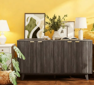 English Elm Coffee Bar Fluted Sideboard with Gold Pulls Adjustable Shelves and Tapered Wood Legs T3971P428167