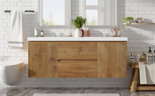 English Elm [video]59.3 Inch Wall Mounted Double Sink Vanity Wood Grain Mdf Soft Close Storage N729P000026N