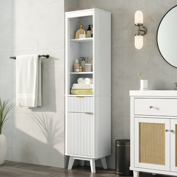 English Elm 68" Tall Fluted Freestanding Storage Cabinet with Drawer and Adjustable Shelf for Bathroom White N817P375218W