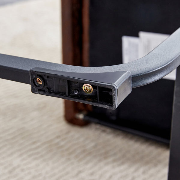 English Elm A set of two brown chairs with suede cushions and black metal legs, compact modern dining stools for cozy spaces W1151P144808