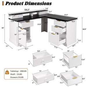 English Elm 59" Fluted Oak L-shaped Corner Desk with Charging Station Monitor Stand and File Storage White W2917S00004