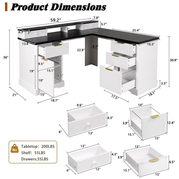 English Elm 59" Fluted Oak L-shaped Corner Desk with Charging Station Monitor Stand and File Storage White W2917S00004