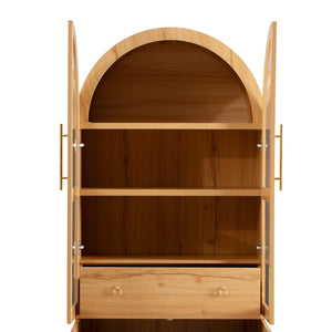English Elm K&K Arched 71" Kitchen Pantry Cabinet with Glass Doors, Brass Handles, Adjustable Shelves & Drawer Natural N707P288969Y