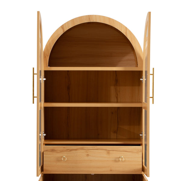 English Elm K&K Arched 71" Kitchen Pantry Cabinet with Glass Doors, Brass Handles, Adjustable Shelves & Drawer Natural N707P288969Y