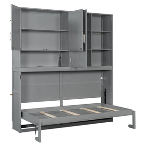 English Elm Twin Murphy Bed with Cabinet Shelves Built in Lighting Usb Ports Space Saving Wall Unit Gray LP000389AAE-1