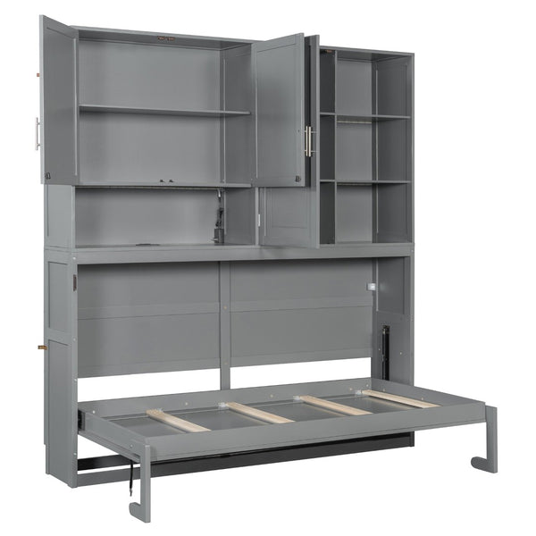 English Elm Twin Murphy Bed with Cabinet Shelves Built in Lighting Usb Ports Space Saving Wall Unit Gray LP000389AAE-1