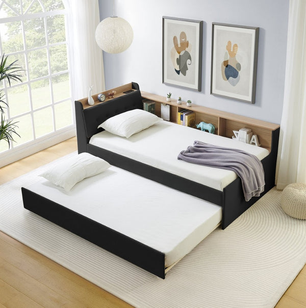 English Elm Twin Size Velvet Daybed With Adjustable Height Headboard, Storage, Trundle & Led Lights - Black W1413S00112-GIGA