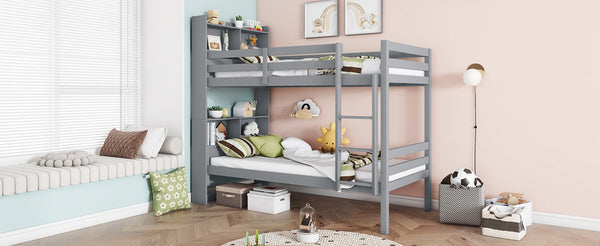 English Elm Twin Over Twin Bunk Bed With Storage Shelves, Safety Guardrails, Ladder & Convertible Design In Grey W504S00213-GIGA
