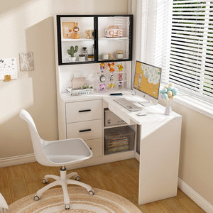 English Elm Computer Corner L-Shaped Desk with Glass Cabinets, Built-In LED, USB Ports, Keyboard Tray, Ergonomic Design White W2699P345803