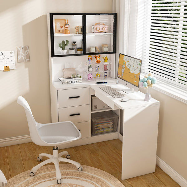 English Elm Computer Corner L-Shaped Desk with Glass Cabinets, Built-In LED, USB Ports, Keyboard Tray, Ergonomic Design White W2699P345803