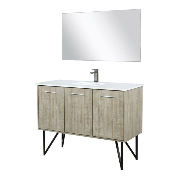 English Elm Rustic Acacia Bath Vanity 48" W, White Quartz Top, Gun Metal Faucet & 43" Mirror For Modern Style B2731S01937-GIGA