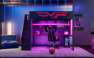 English Elm Gaming Full Loft Bed with Workstation Storage Staircase Led Lights and Usb Port N7090004031B