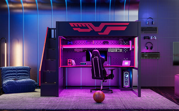 English Elm Gaming Full Loft Bed with Workstation Storage Staircase Led Lights and Usb Port N7090004031B