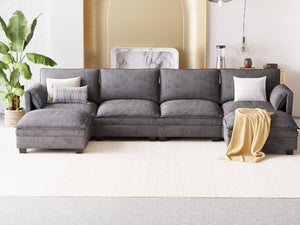 English Elm 141.5'' Modern U-Shaped 6-Seater Sofa Couch With Movable Ottoman & Armrest Pockets For Versatile Living W680S00043