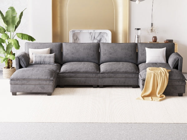 English Elm 141.5'' Modern U-Shaped 6-Seater Sofa Couch With Movable Ottoman & Armrest Pockets For Versatile Living W680S00043