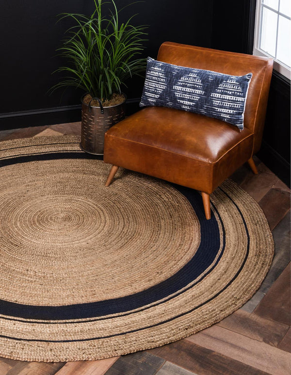 Unique Loom Natural Braided Jute Rug - Textured Earthy Design For Casual And Coastal Home Interiors, 2' X 3'1" Natural,Navy,Blue  3142892-unique-loom