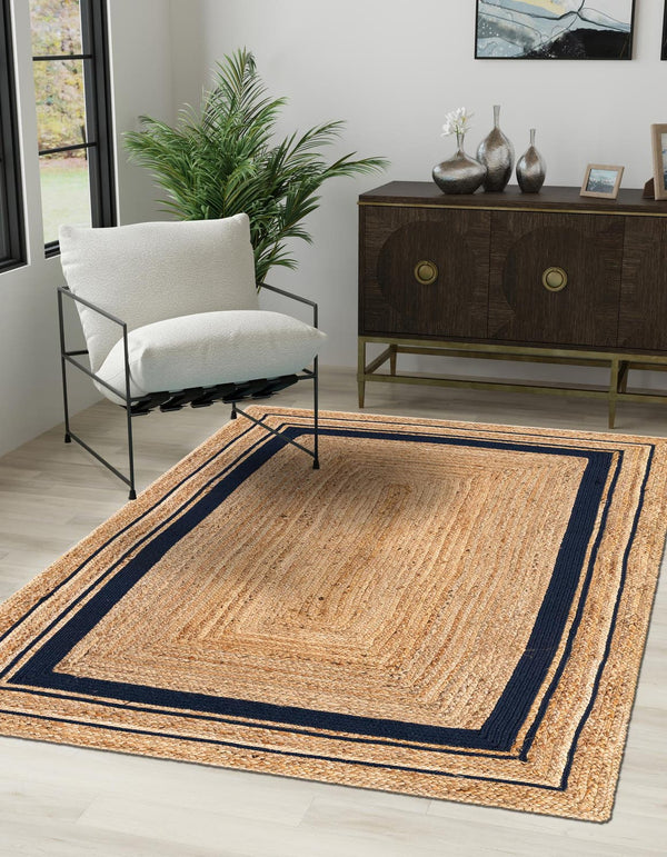 Unique Loom Natural Braided Jute Rug - Textured Earthy Design For Casual And Coastal Home Interiors, 2' X 3'1" Natural,Navy,Blue  3142898-unique-loom