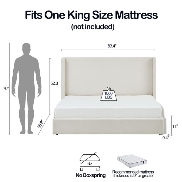 English Elm Carmen Boucle Upholstered Wingback Bed with 52.3" High Headboard, Modern Minimalist Platform Frame Ivory B083P358535