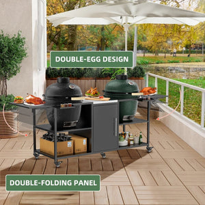 English Elm Outdoor Dual Kamado Grill Cart with Stainless Steel Top Iron Frame and Storage Cabinet W3190P328545