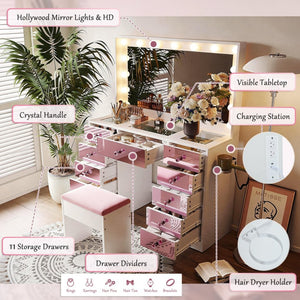 English Elm Makeup Vanity Desk Set with Hollywood Led Mirror Cushioned Stool and Crystal Drawer Pulls N704P340230K