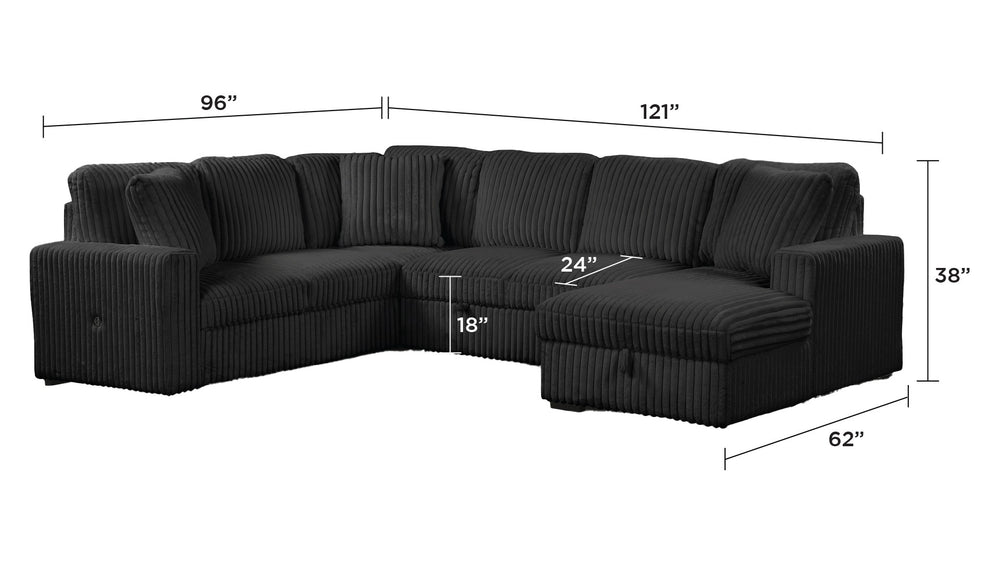 English Elm Grande Black Sectional Sofa with Sleeper Storage and Usb-c for Modern Living Rooms B009S01444