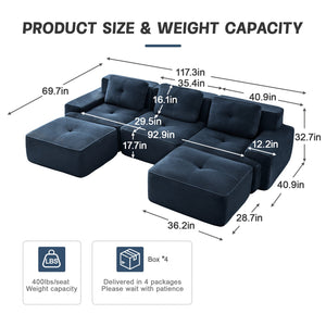 English Elm 117" Modern U-Shaped Modular Sofa In Plush Corduroy With Movable Ottoman & Tufted Design, Blue W714S01496