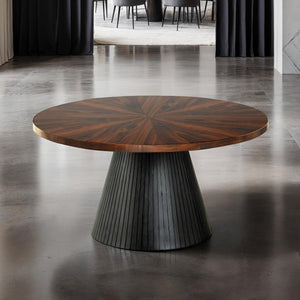 English Elm Contemporary Round Coffee Table With Parquet Top And Textured Black Drum Base For Modern Living Spaces B2741S00623