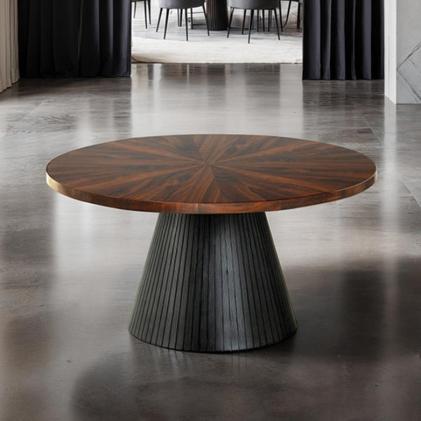 English Elm Contemporary Round Coffee Table With Parquet Top And Textured Black Drum Base For Modern Living Spaces B2741S00623