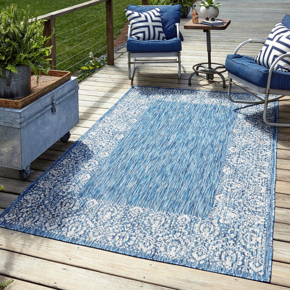 Unique Loom Green Outdoor Border Rug - 4' 1" X 6' 1" Weather-resistant Accent For Patios And Gardens Blue  3144846-unique-loom