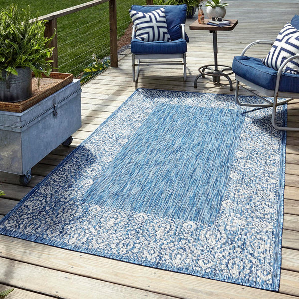 Unique Loom Green Outdoor Border Rug - 4' 1" X 6' 1" Weather-resistant Accent For Patios And Gardens Blue  3144846-unique-loom