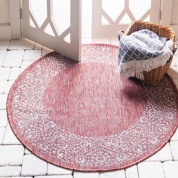 Unique Loom Aqua Outdoor Border Collection Rug - 4' X 4' Weather-resistant, Stylish & Versatile For Any Space Red  3144962-unique-loom