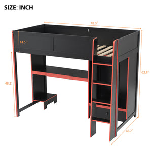 English Elm Wood Twin Gaming Loft Bed with Desk, Wardrobe, LED Lighting & Drawer — Space-Saving Black Red Accent, 400lb Capacity N7090004010B