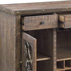 English Elm Raphaela Weathered Cherry Server with 15-Bottle Wine Rack, 4-Cup Holder, Drawers & Shelves - Rustic Elegance B2726P256328