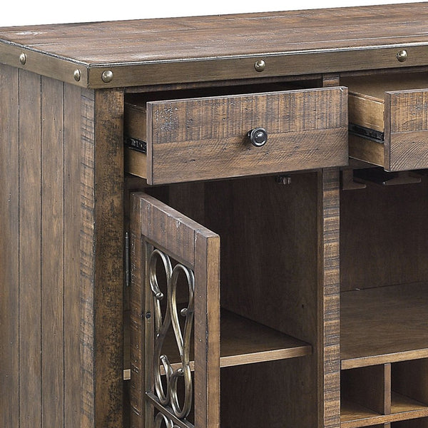 English Elm Raphaela Weathered Cherry Server with 15-Bottle Wine Rack, 4-Cup Holder, Drawers & Shelves - Rustic Elegance B2726P256328
