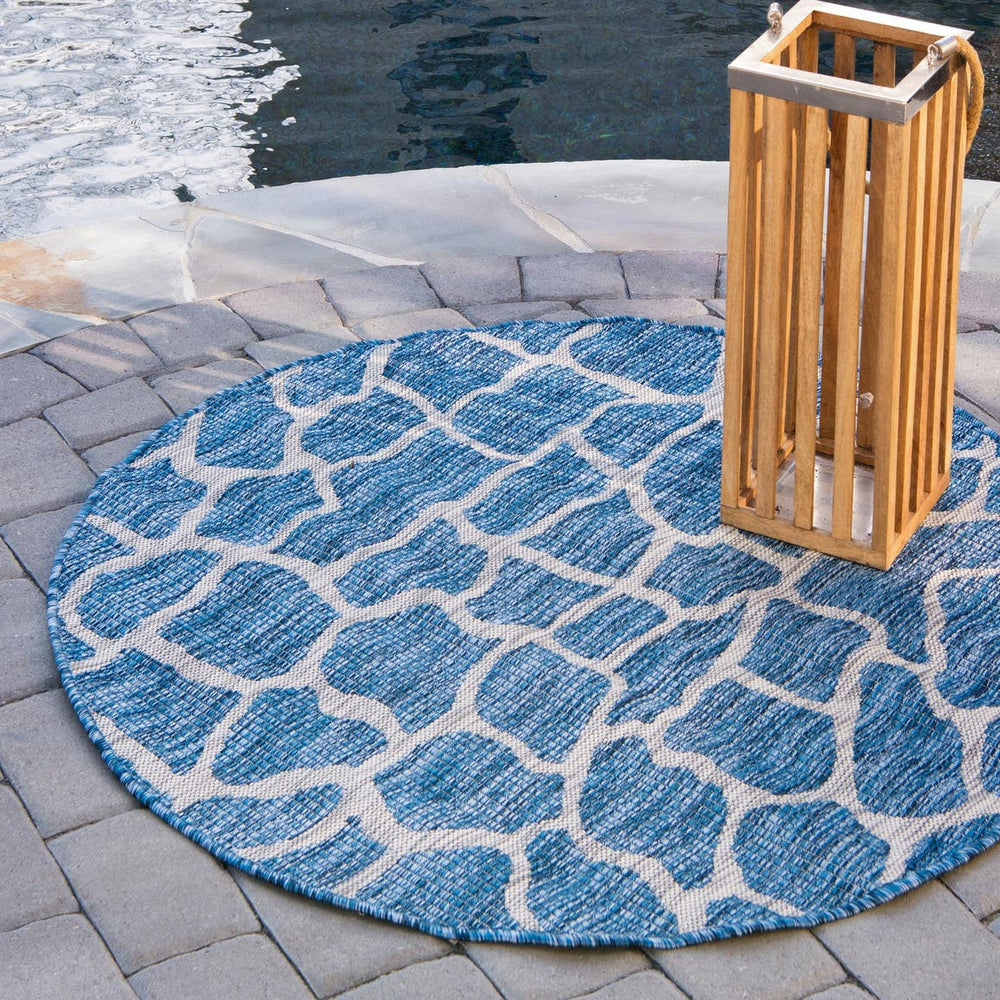 Unique Loom Blue Outdoor Safari Rug - Durable 4' Round Design For Patios, Decks & Relaxed Outdoor Spaces Blue  3145199-unique-loom