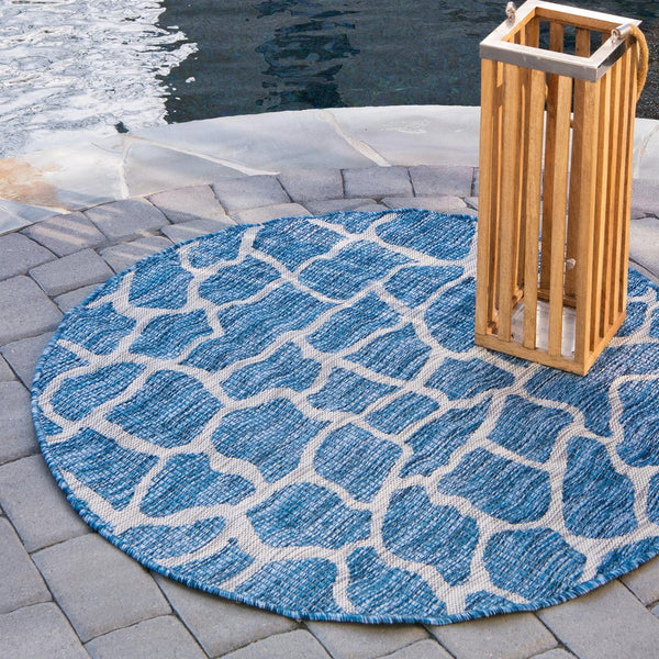 Unique Loom Blue Outdoor Safari Rug - Durable 4' Round Design For Patios, Decks & Relaxed Outdoor Spaces Blue  3145199-unique-loom