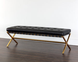 Sunpan Kenji Bench - Elegant Trestle Style with Brushed Gold Finish and Button Tufted Faux Leather Seat Small