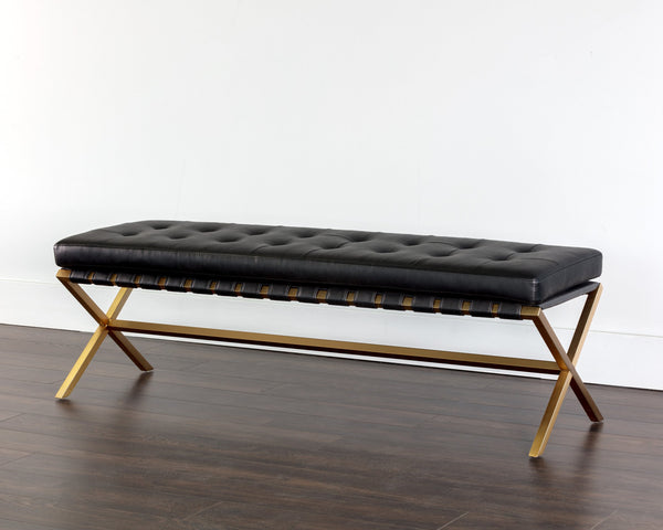 Sunpan Kenji Bench - Elegant Trestle Style with Brushed Gold Finish and Button Tufted Faux Leather Seat Small