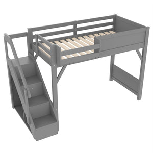 English Elm Twin Low Loft Bed Solid Pine Frame Kids Study Desk Blackboard Storage White Gray W1580S00467