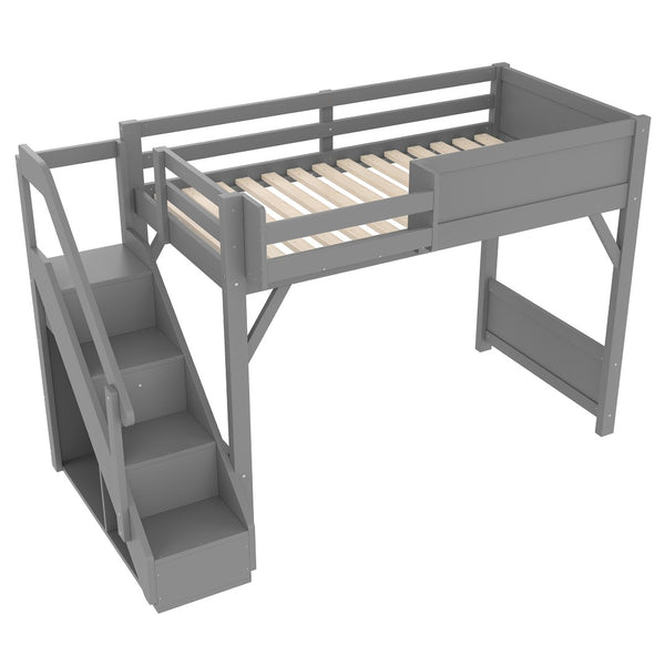 English Elm Twin Low Loft Bed Solid Pine Frame Kids Study Desk Blackboard Storage White Gray W1580S00467