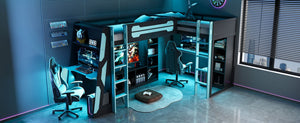 English Elm L-shaped Gaming Loft Bunk Bed Twin Wood Frame Rgb Lighting Usb Ports Storage Shelves Blue LT000295AAC