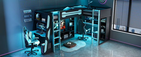 English Elm L-shaped Gaming Loft Bunk Bed Twin Wood Frame Rgb Lighting Usb Ports Storage Shelves Blue LT000295AAC