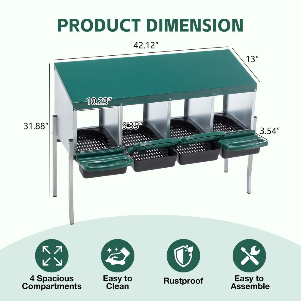 English Elm 4-hole Galvanized Steel Chicken Nesting Box with Roll Away Egg Tray and Rain Cover W1422P292941