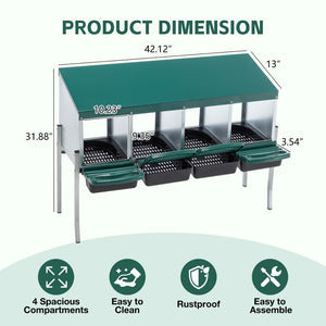 English Elm 4-hole Galvanized Steel Chicken Nesting Box with Roll Away Egg Tray and Rain Cover W1422P292941