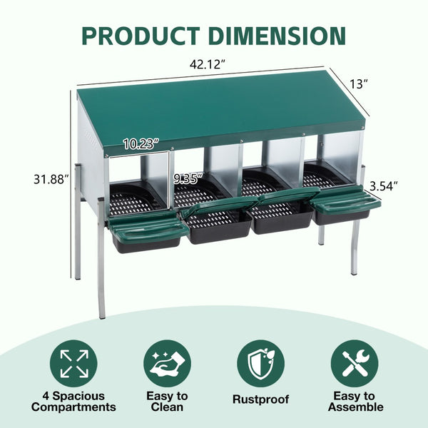 English Elm 4-hole Galvanized Steel Chicken Nesting Box with Roll Away Egg Tray and Rain Cover W1422P292941